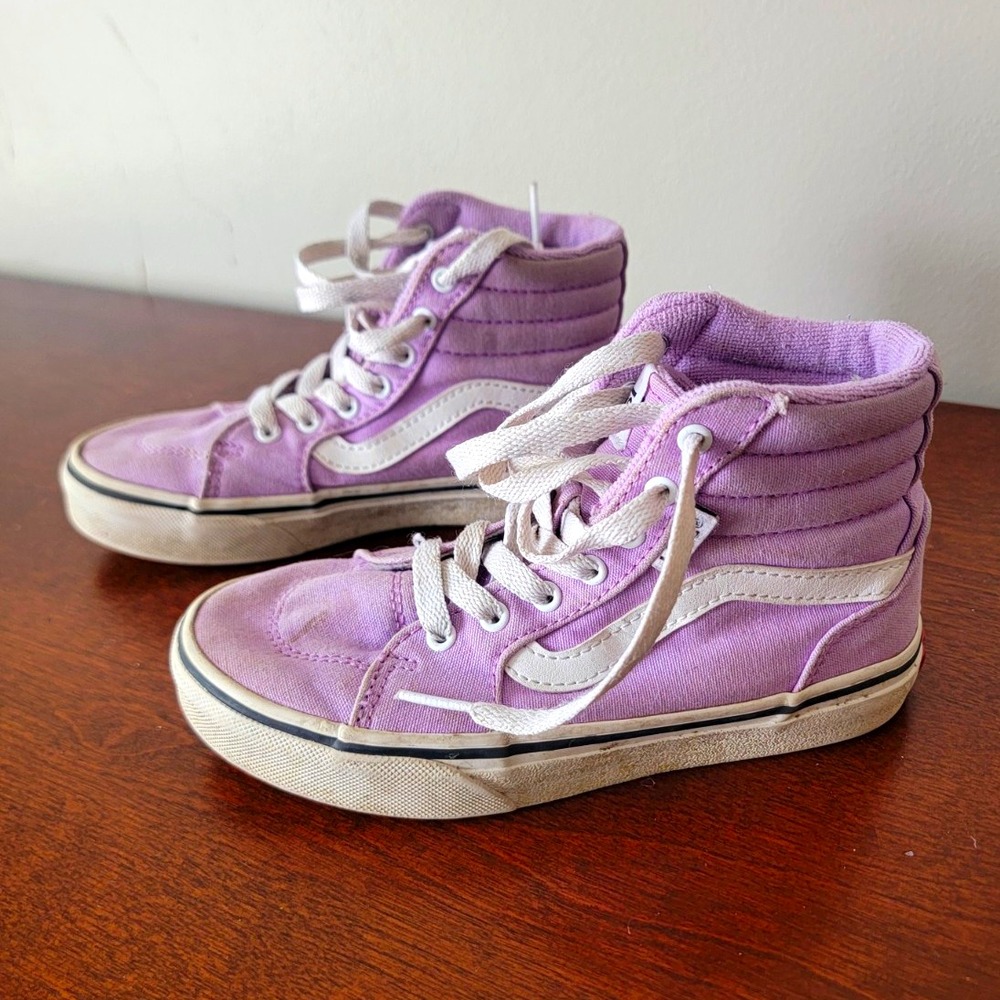 VANS girls Missy Sk8-Hi Purple White Canvas High Top Lace-Up Sneakers Kids US 13